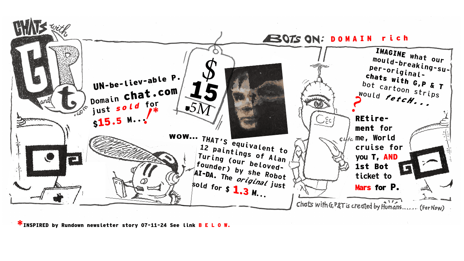 A cartoon strip inspired by The Rundown’s coverage of OpenAI’s acquisition of Chat.com, highlighting its significance in the AI space.
